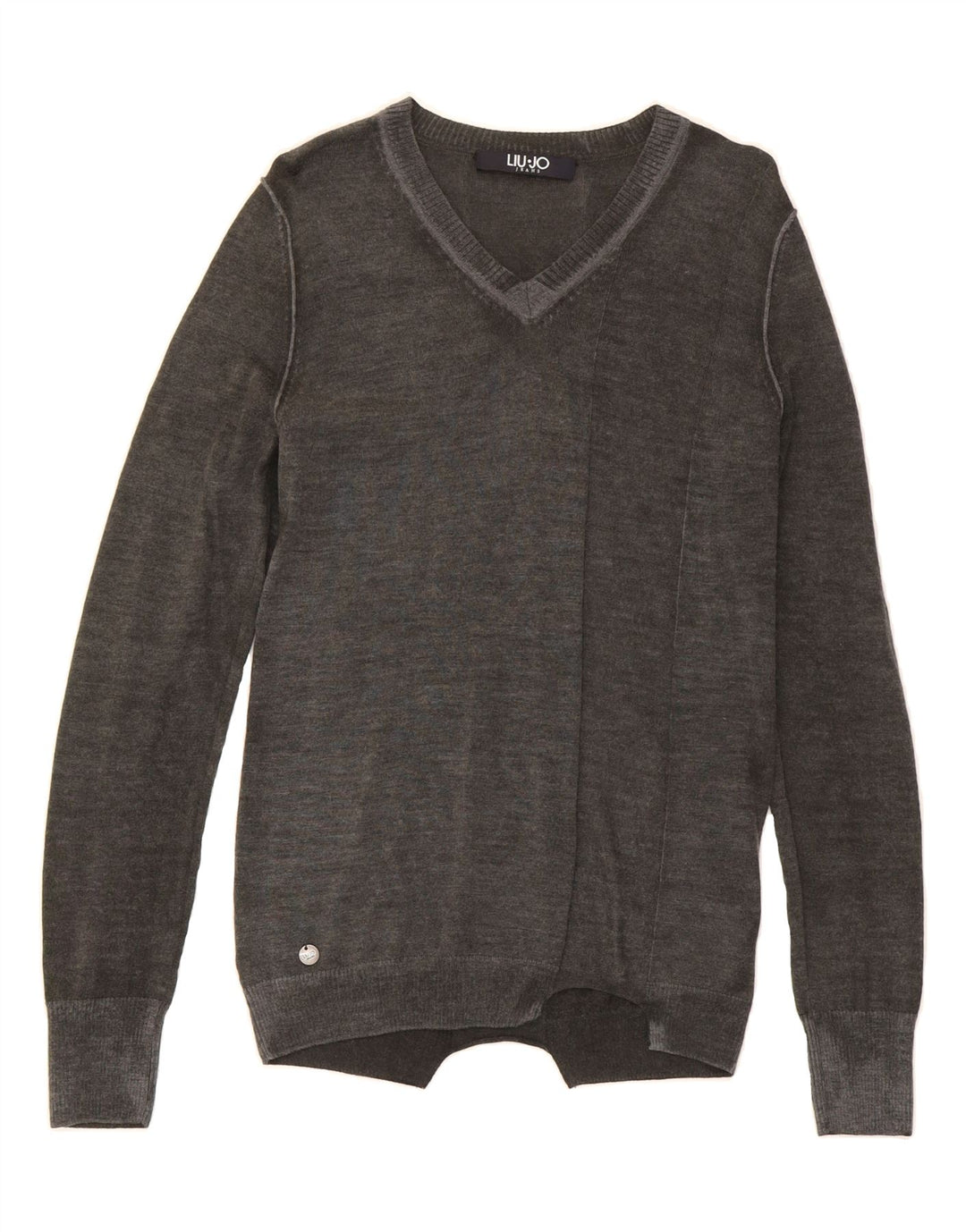 LIU JO Womens V-Neck Jumper Sweater UK 12 Medium Grey Wool Classic Vintage Liu Jo and Second-Hand Liu Jo from Messina Hembry 