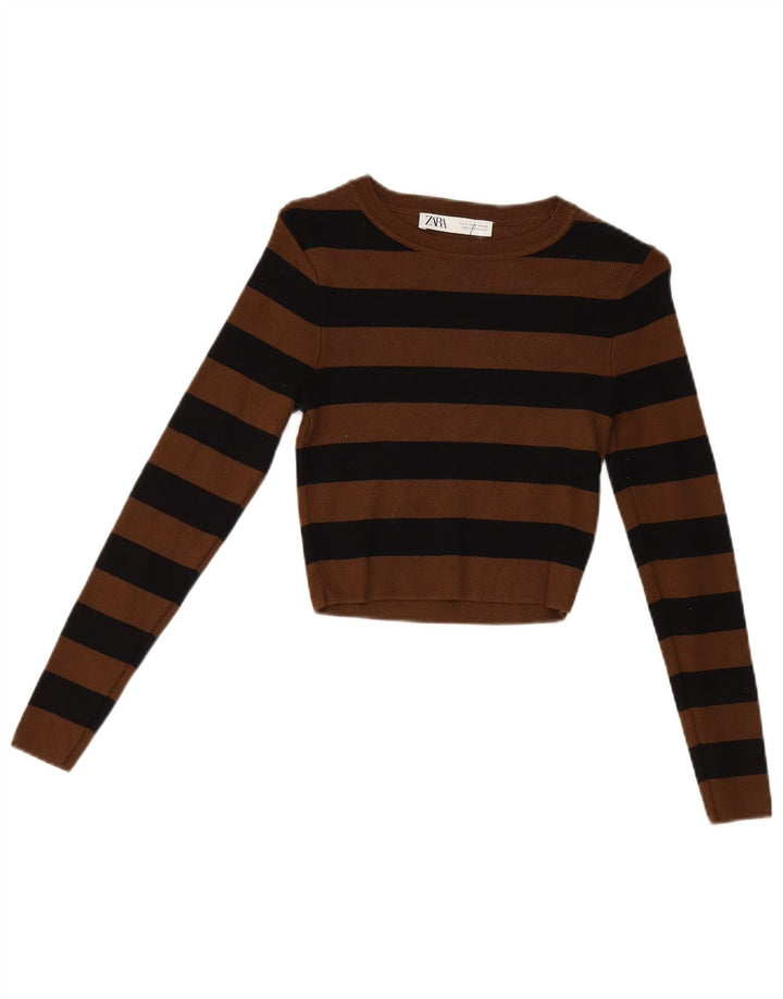 Zara Womens Crop Top Langærmet UK 12 Medium Brun Stribet Viscose
