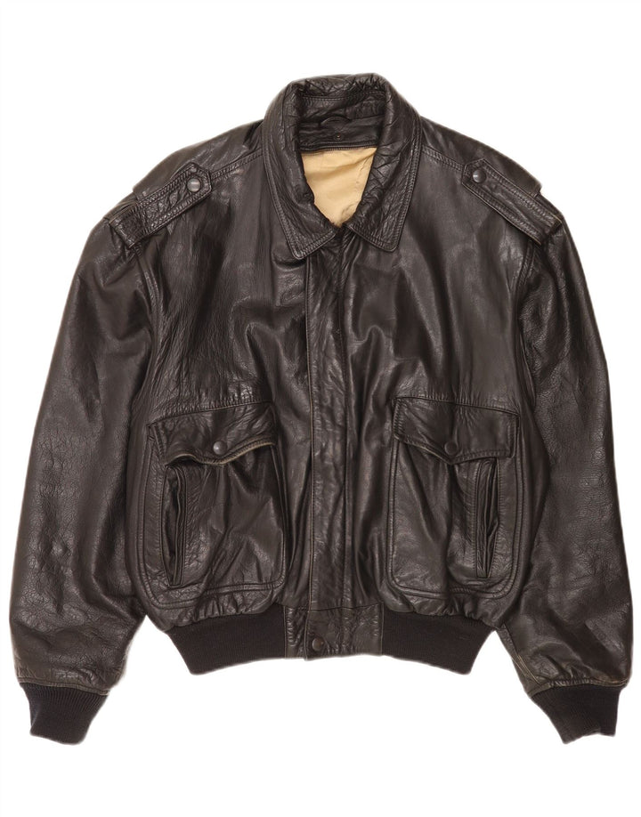 Vintage Herre Læder Military Jacket UK 40 Large Black