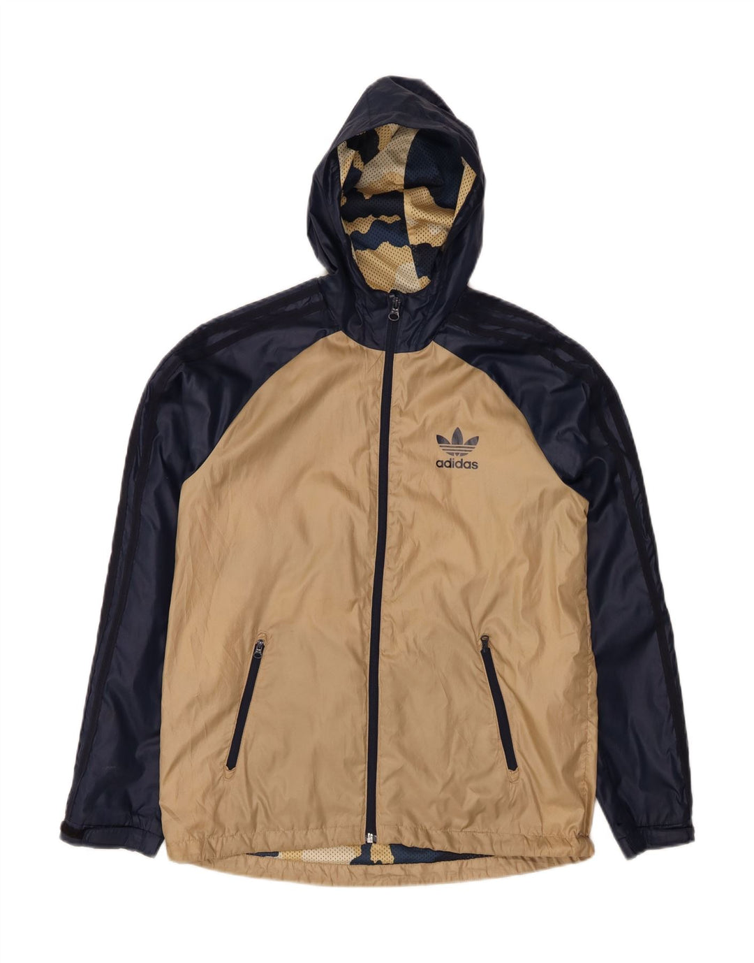 ADIDAS Boys Hooded Rain Jacket 13-14 Years Beige Colourblock Polyester Vintage Adidas and Second-Hand Adidas from Messina Hembry 