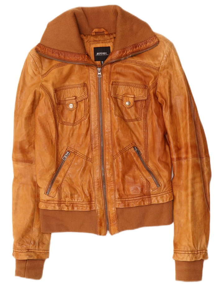 BERSHKA Dame Læderjakke UK 12 Medium Brun Læder