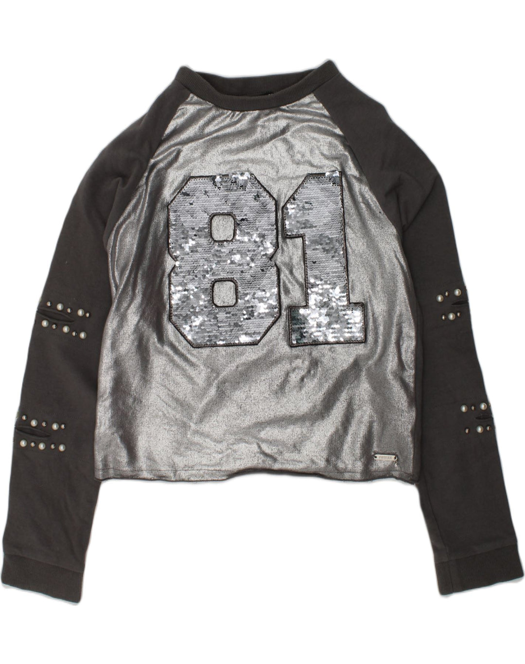 GUESS Girls Graphic Sweatshirt Jumper 13-14 Years Grey Colourblock Cotton | Vintage Guess | Thrift | Second-Hand Guess | Used Clothing | Messina Hembry 