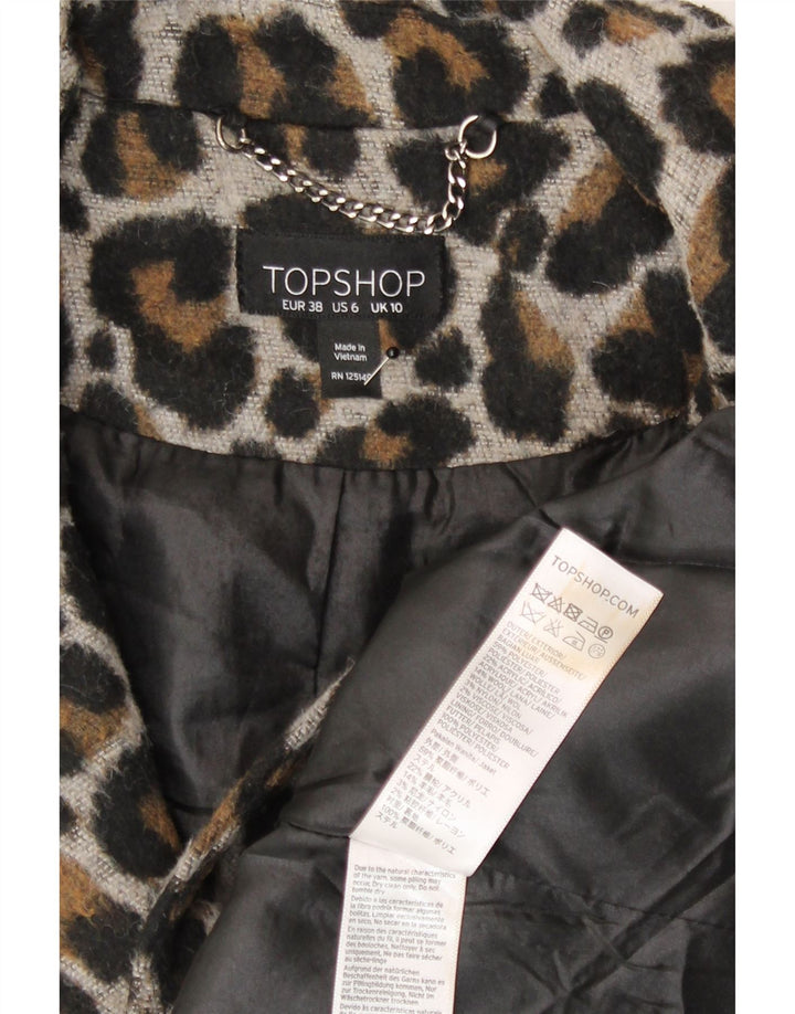 Topshop Dame Oversized Overfrakke UK 10 Small Brown Animal Print Polyester