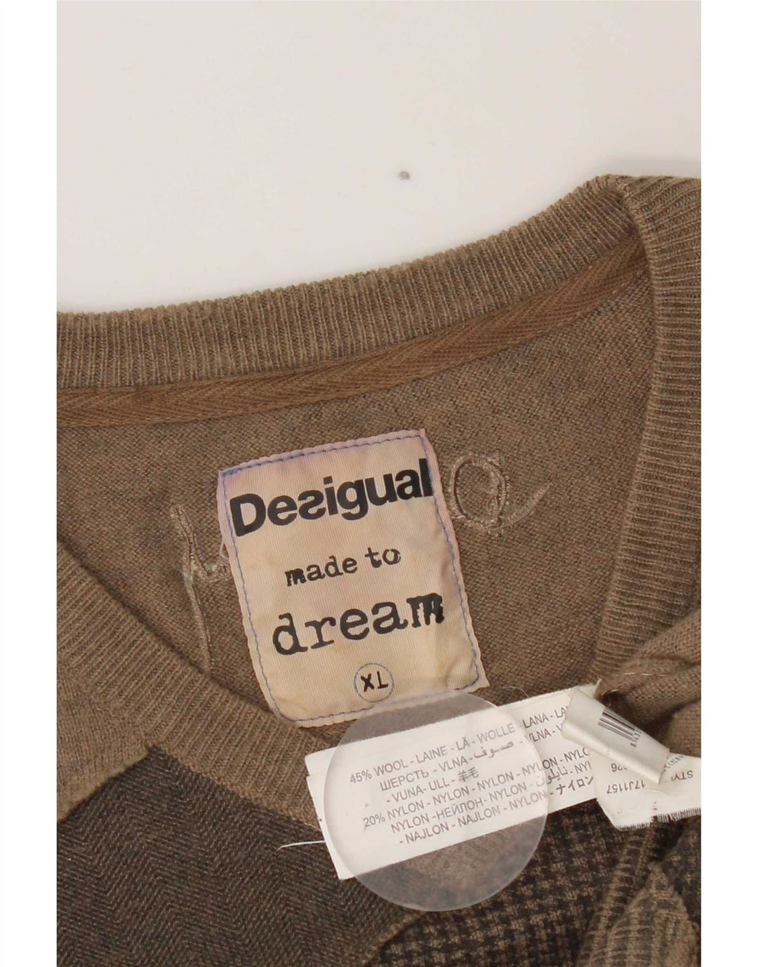 Desigual Herre V-hals sweater XL Brun Patchwork Uld Moderne