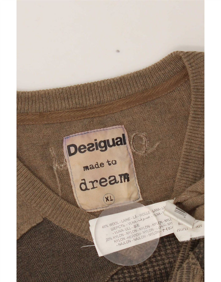 Desigual Herre V-hals sweater XL Brun Patchwork Uld Moderne