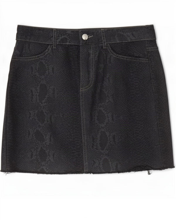 Zara Dame Denim Nederdel XS W24 Sort Animal Print Bomuld