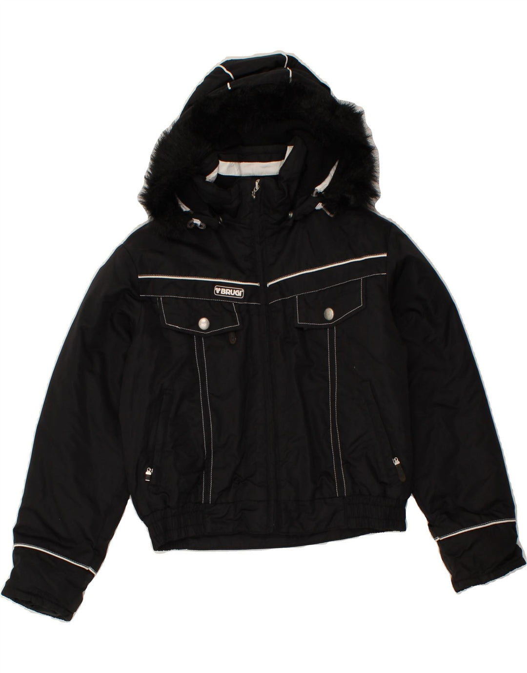 BRUGI Girls Hooded Windbreaker Jacket 10-11 Years Black Polyester Vintage Brugi and Second-Hand Brugi from Messina Hembry 