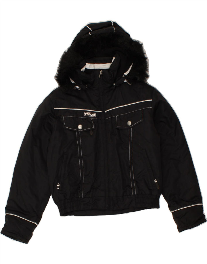 BRUGI Girls Hooded Windbreaker Jacket 10-11 Years Black Polyester Vintage Brugi and Second-Hand Brugi from Messina Hembry 