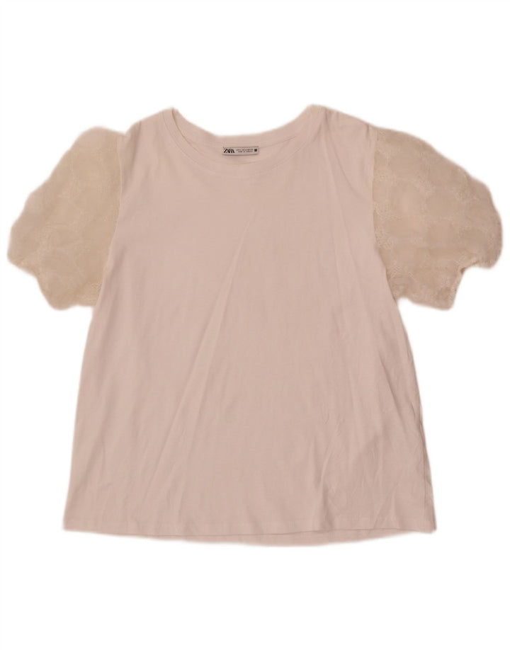 Zara Dame Bluse Top UK 14 Medium White Bomuld