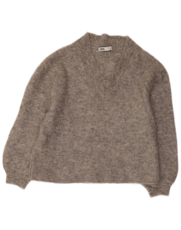 ZARA Womens Crop V-hals sweater UK 14 Medium Grey Flecked
