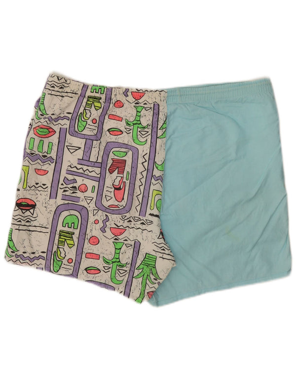 Vintage kvinders grafiske svømmeshorts UK 18 XL blå geometrisk bomuld