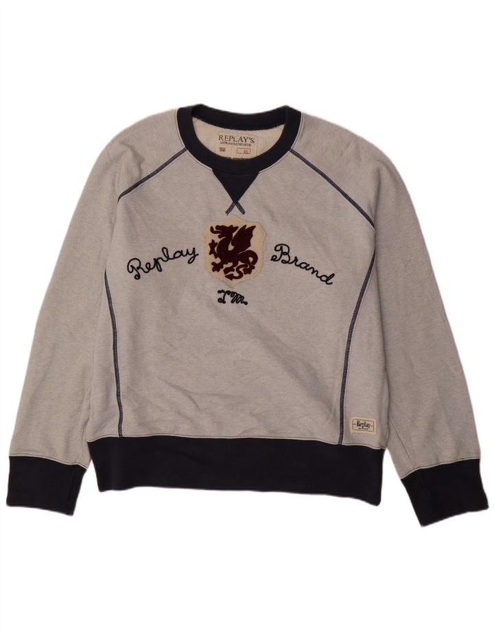 REPLAY Herre Grafisk Sweatshirt Jumper XL Blå Colourblock Bomuld