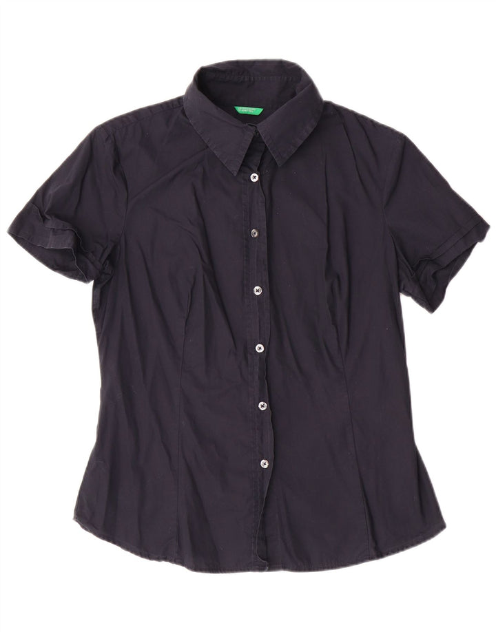 BENETTON kortærmet skjorte til kvinder UK 14 Stor marineblå bomuld