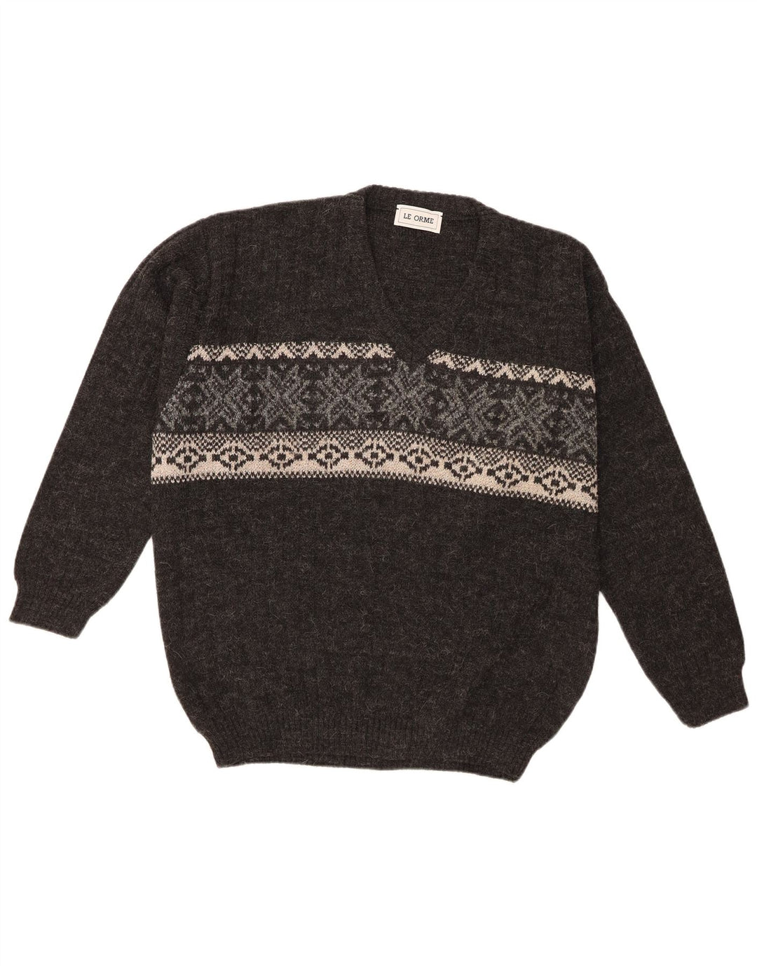 Vintage Herre V-hals sweater XL Grå Fair Isle Wool