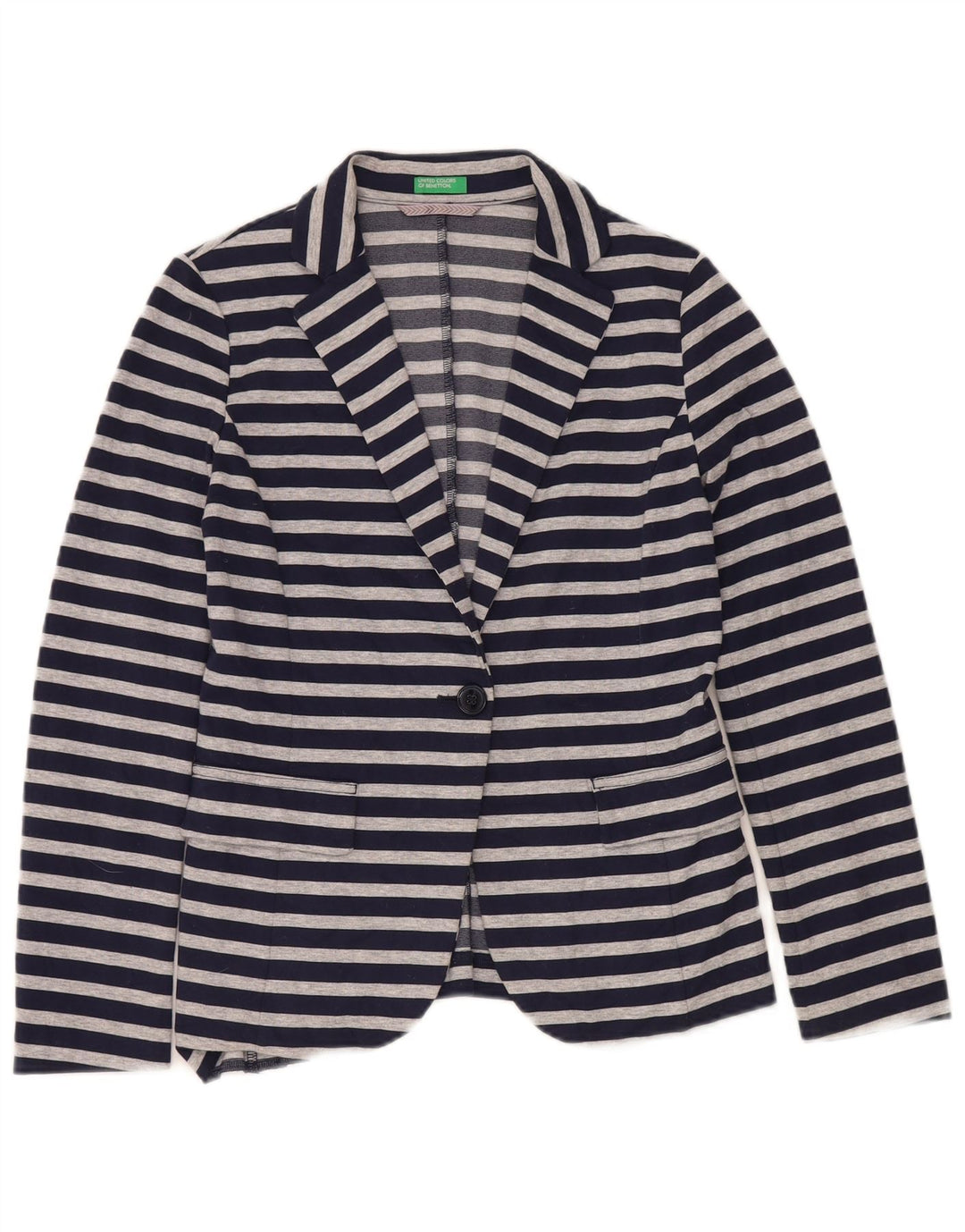 Benetton Dame 1 Knap Blazer Jacket UK 10 Small Navy Blue Stribet