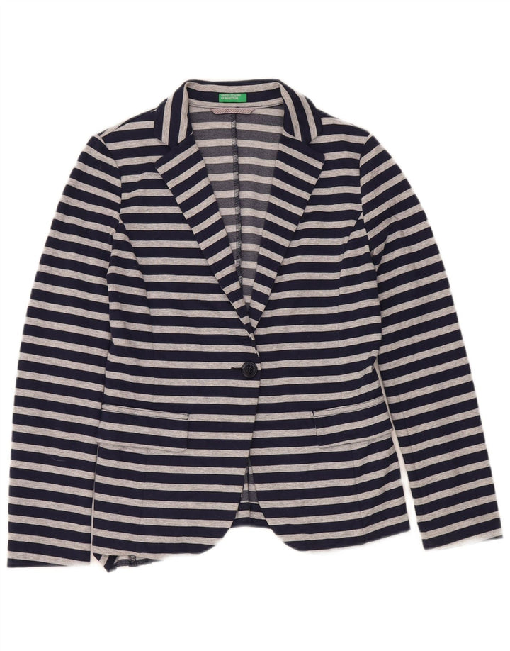 Benetton Dame 1 Knap Blazer Jacket UK 10 Small Navy Blue Stribet
