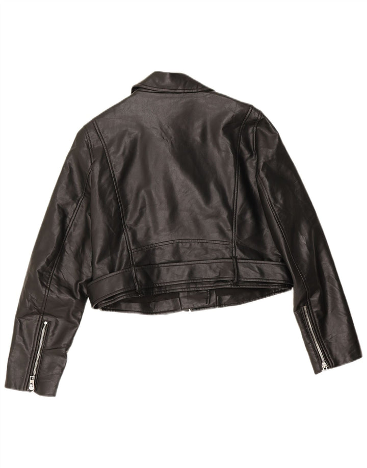 Zara Womens Crop Biker-jakke i imiteret læder UK 14 Stor sort polyester