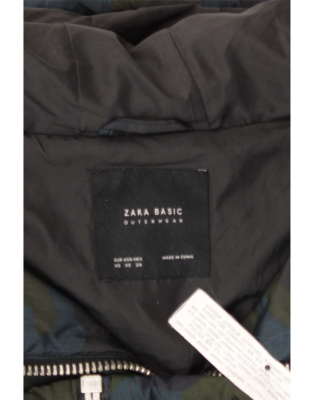 Zara Dame Hætte Oversized Polstret Jakke UK 6 XS Flerfarvet Camouflage
