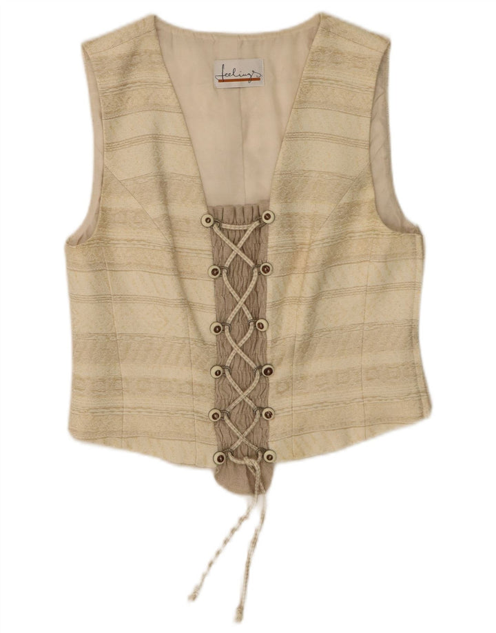 Vintage Dame Crop Top UK 12 Medium Beige Stribet Acetat