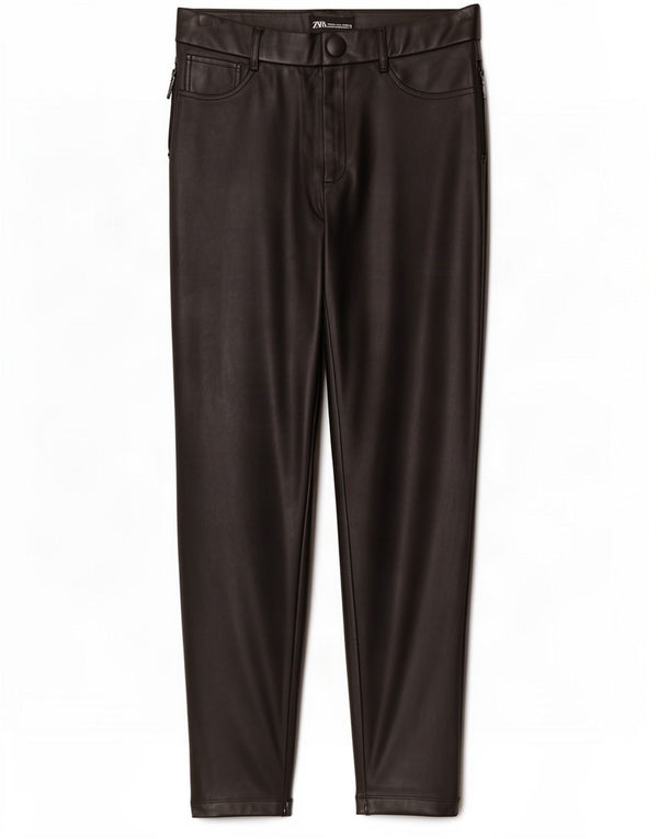 Zara Dame Skinny Faux Læder Bukser XL W32 L28 Sort Polyester