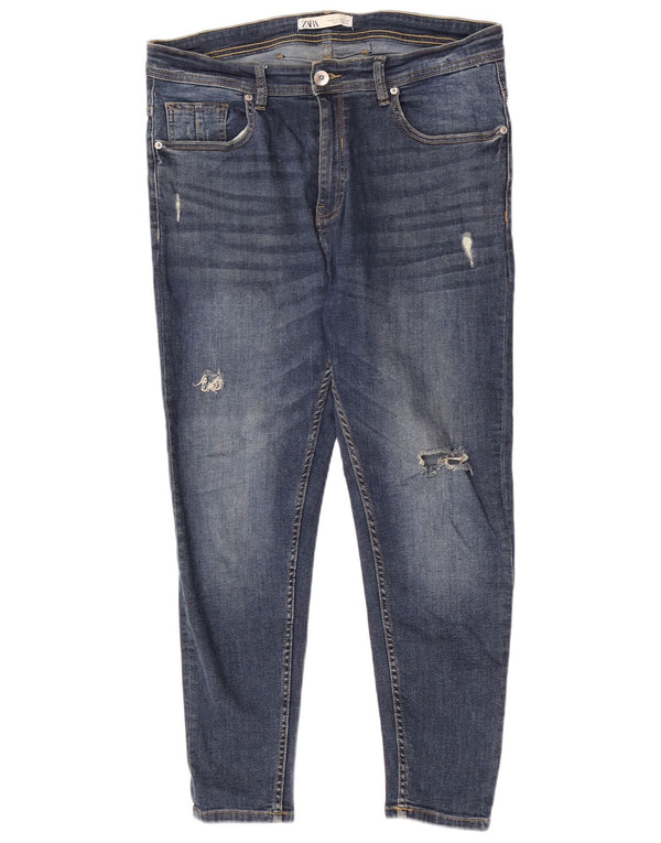 Zara Herre Distressed Cropped Skinny Jeans EU 44 Large W34 L26 Blå Bomuld