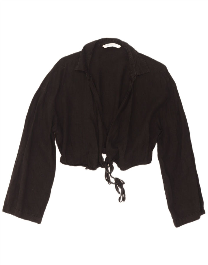 Zara Womens Crop Wrap Shirt Bluse UK 12 Medium Black