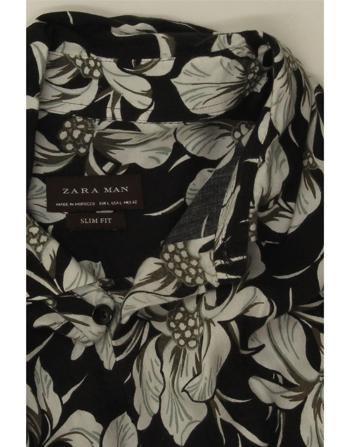 Zara Herre Slim Fit Skjorte Stor Sort Blomster