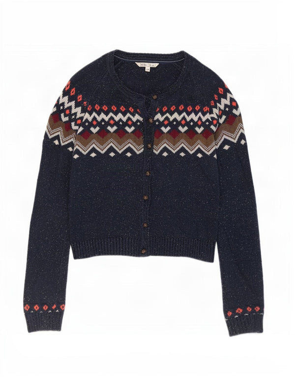 Fat Face Dame Cardigan Sweater UK 12 Medium Navy Blue Fair Isle Cotton