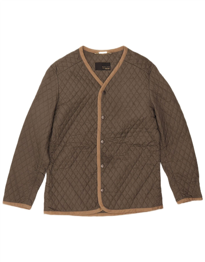 Zara Herre Quiltet Jakke UK 38 Medium Khaki Nylon