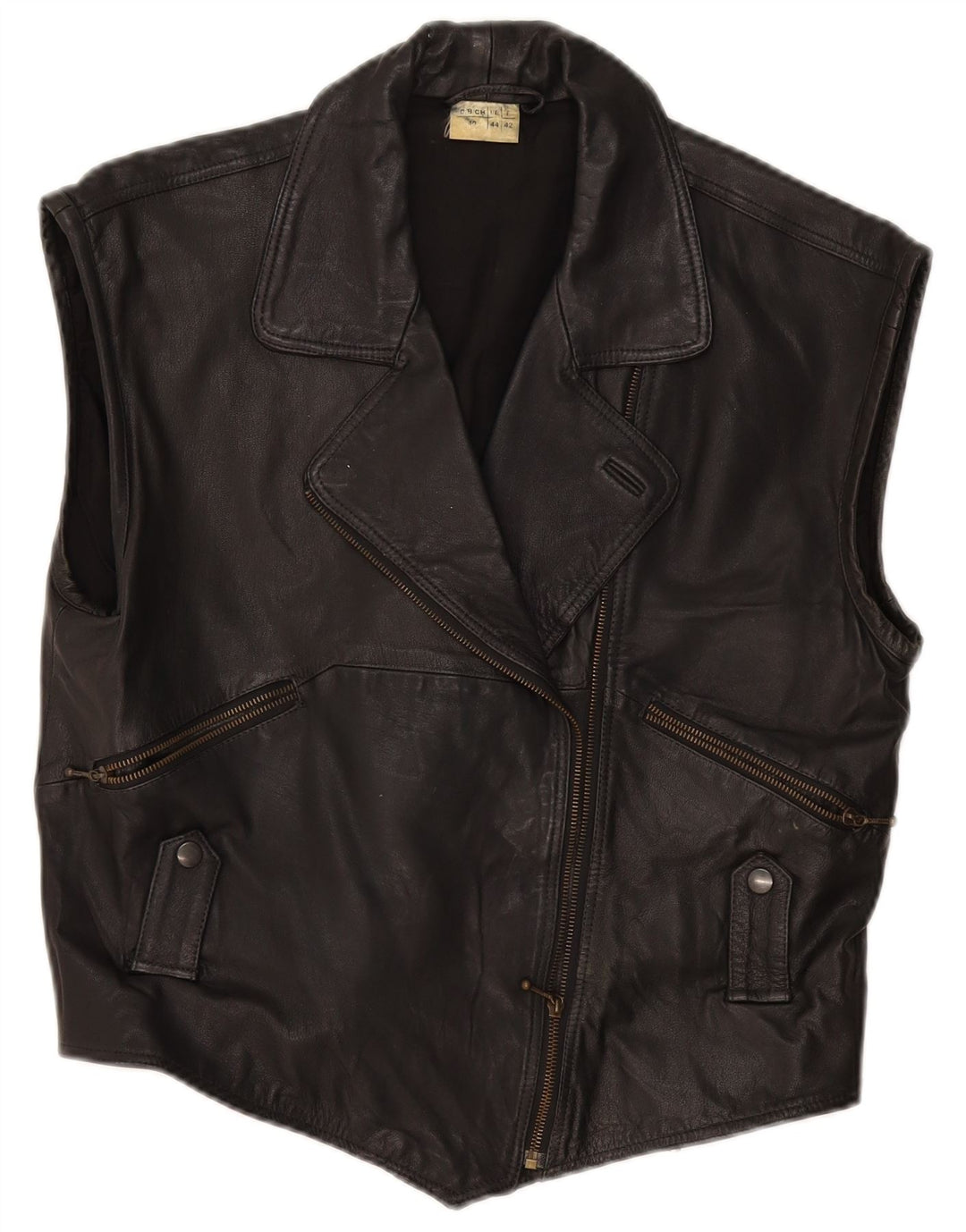 Vintage Dame Læder Gilet IT 44 Medium Sort Læder