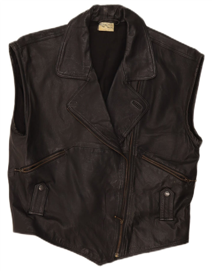 Vintage Dame Læder Gilet IT 44 Medium Sort Læder