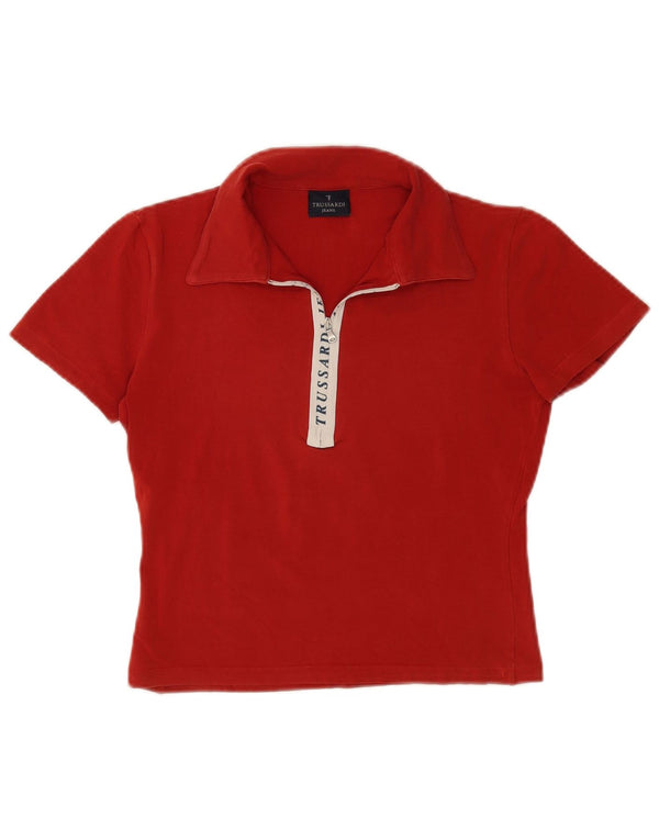 Trussardi Dame Grafisk Crop Polo Shirt UK 12 Medium Red Colourblock