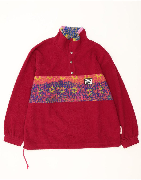 Vintage Herre Button Neck Fleece Jumper Stor Pink Geometrisk Polyester