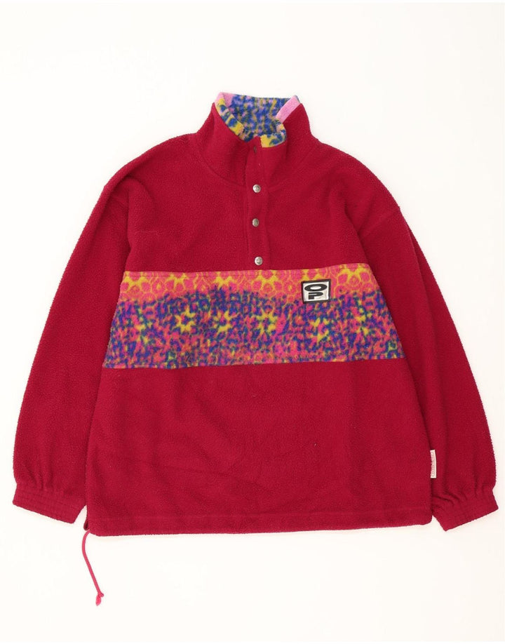 Vintage Herre Button Neck Fleece Jumper Stor Pink Geometrisk Polyester