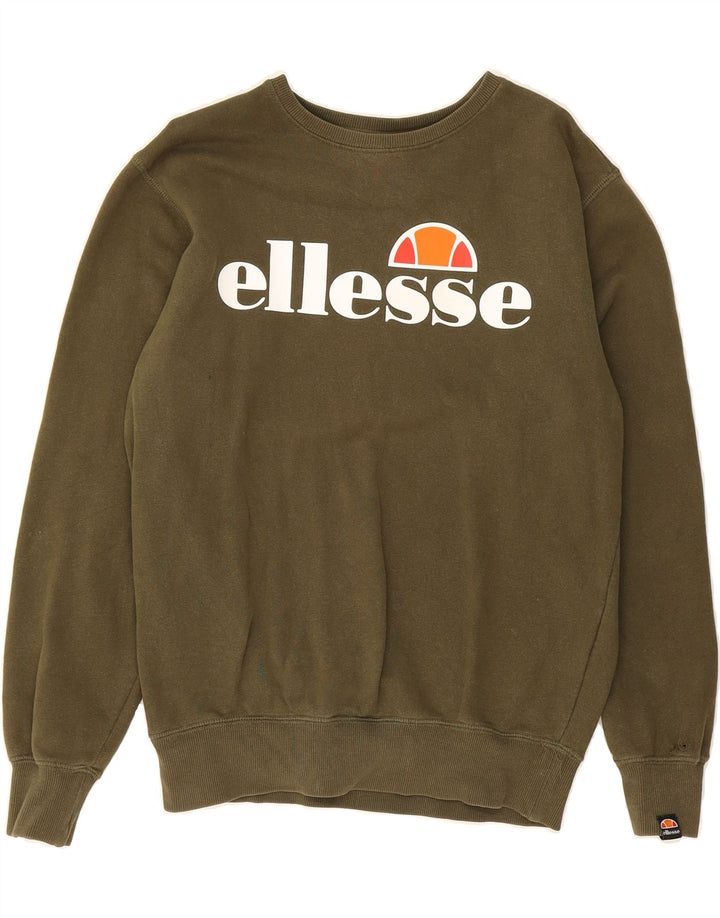 ELLESSE Mens Graphic Sweatshirt Jumper Medium Khaki Cotton Vintage Ellesse and Second-Hand Ellesse from Messina Hembry 