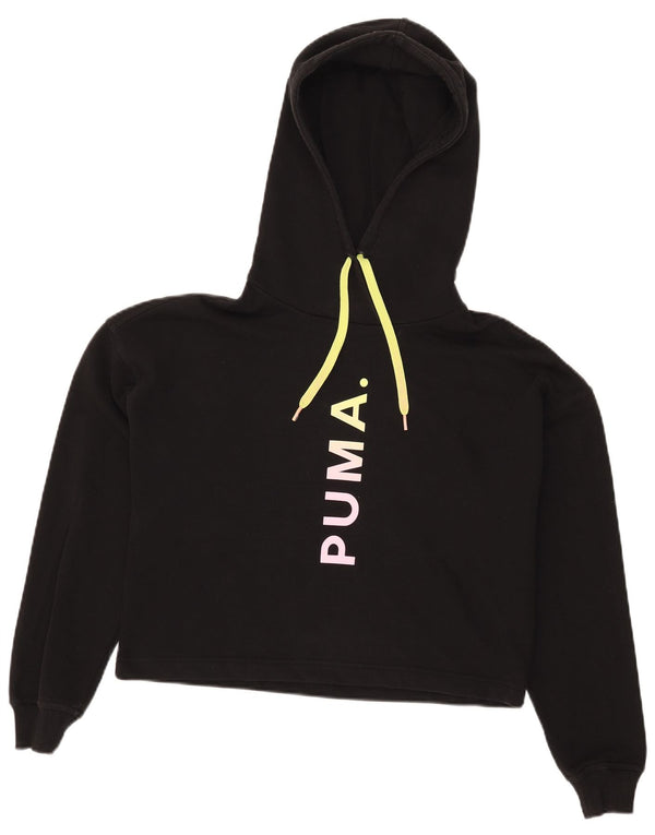 Puma Dame Oversized Crop Graphic Hoodie Jumper UK 6 XS Sort bomuld