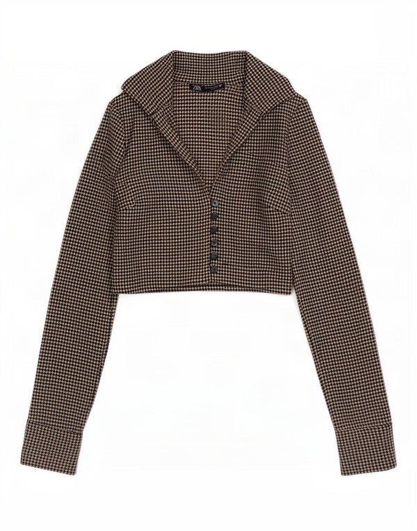 Zara Womens Crop Shirt Bluse UK 6 XS Brown Houndstooth Polyester
