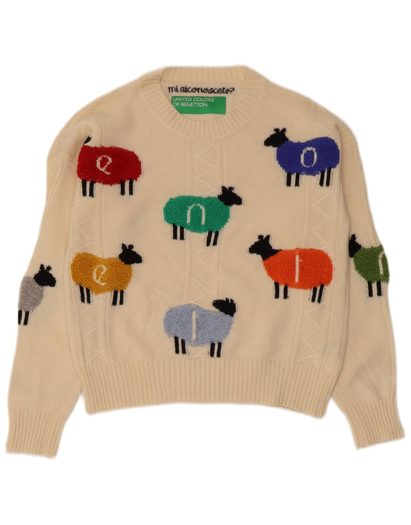 Benetton Dame Crew Neck Jumper Sweater UK 10 Small Beige Animal Print
