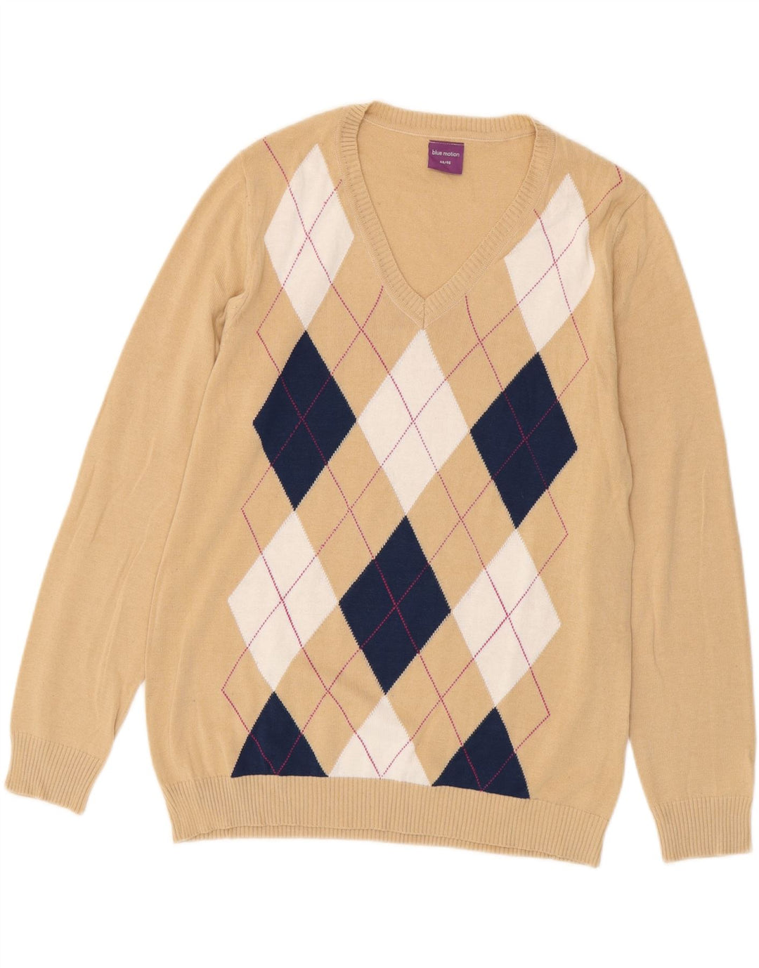 BLUE MOTION Womens V-Neck Jumper Sweater EU 44/46 XL Beige Argyle/Diamond