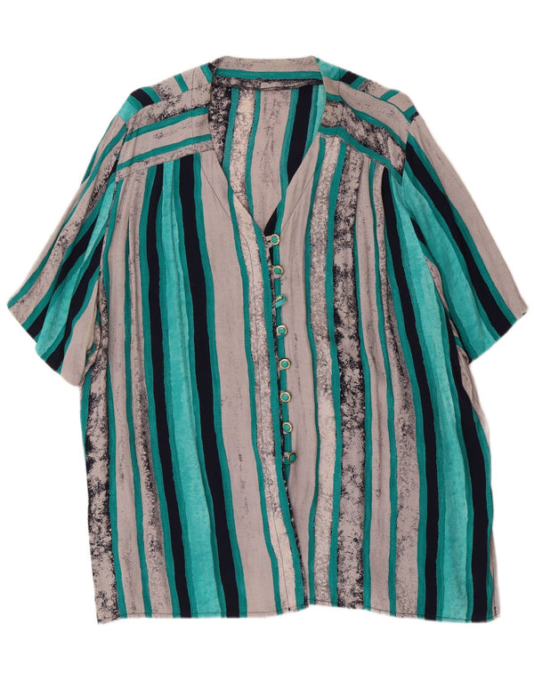 Vintage Dame Kortærmet Loose Fit Skjorte Bluse UK 22 3XL Grå Stribet