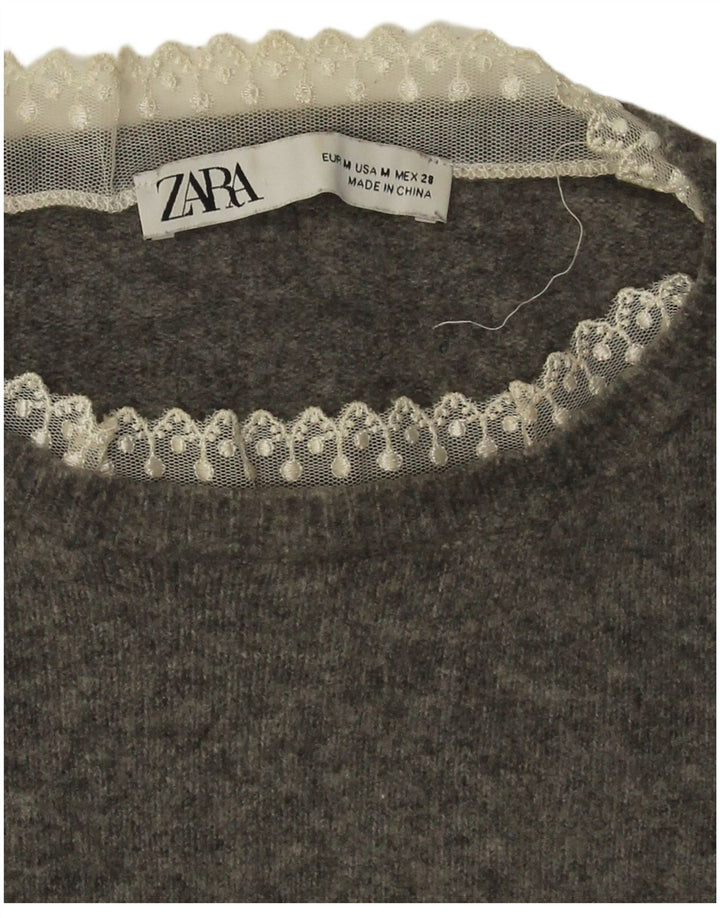 Zara Dame Crop Jumper Sweater UK 14 Medium Grå