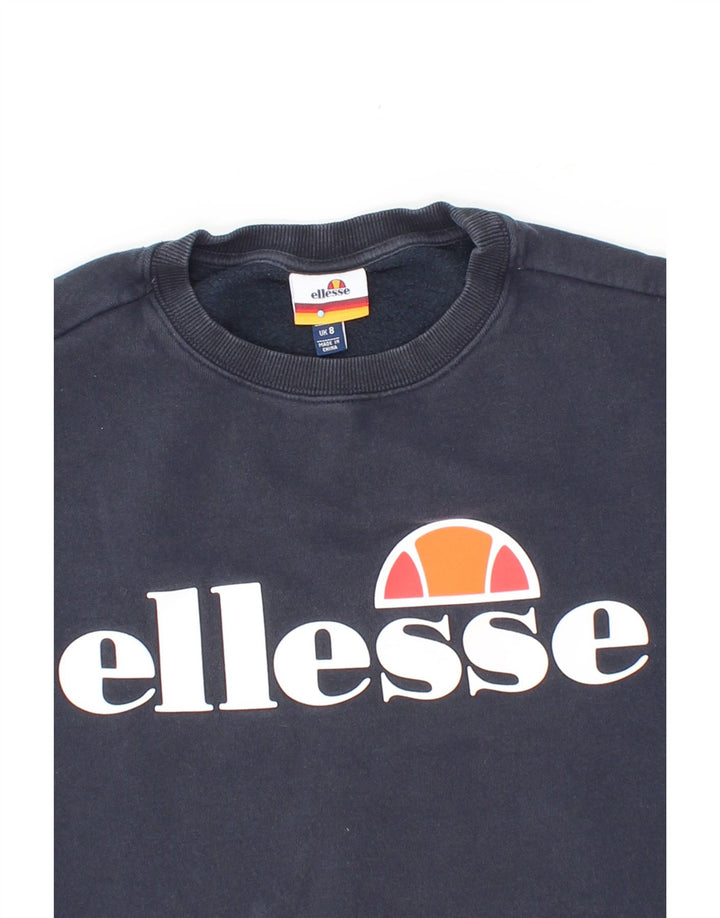 ELLESSE Womens Graphic Sweatshirt Jumper UK 8 Small Navy Blue Cotton Vintage Ellesse and Second-Hand Ellesse from Messina Hembry 