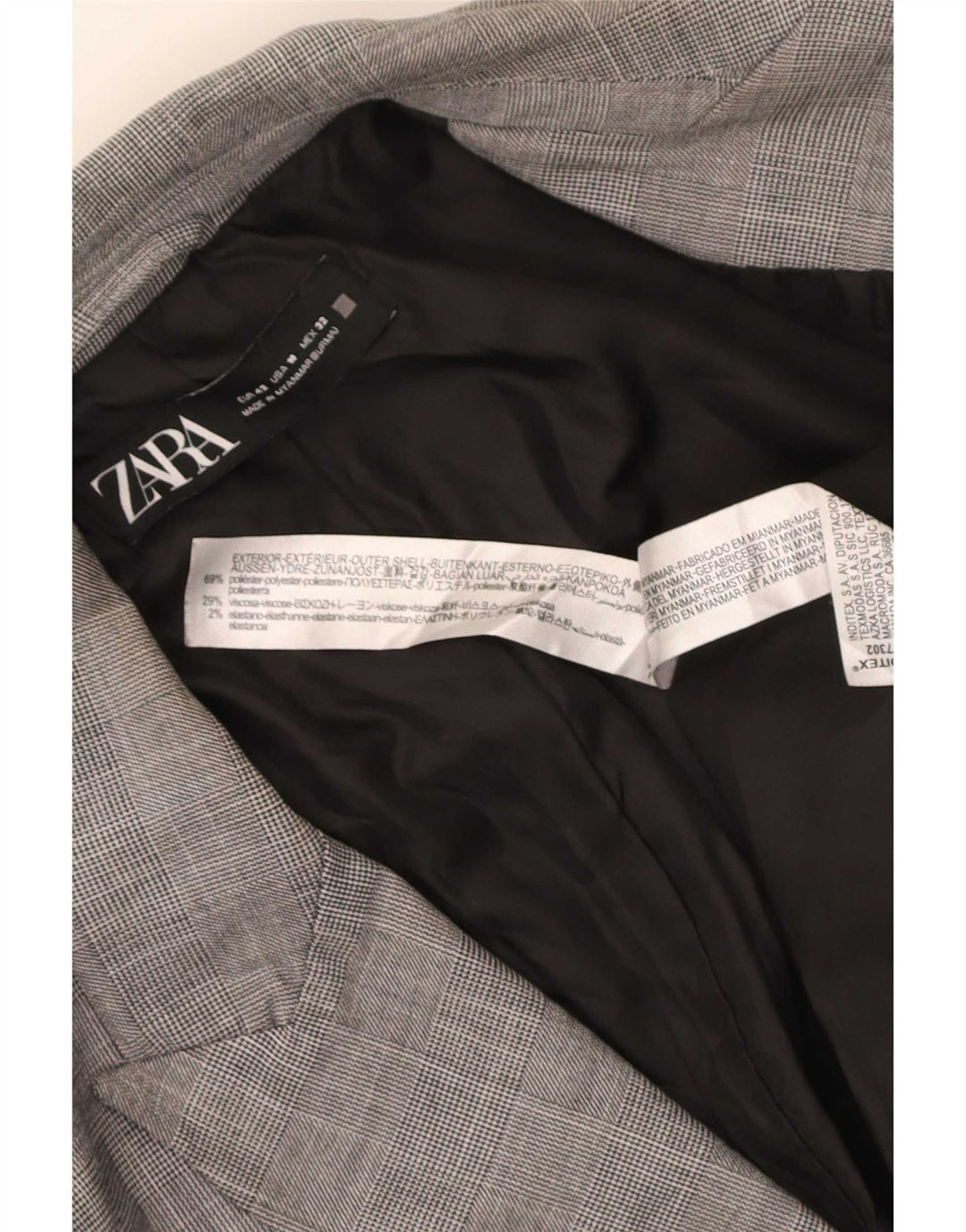 Zara Dame 1-knaps blazerjakke EU 42 Stor grå ternet polyester