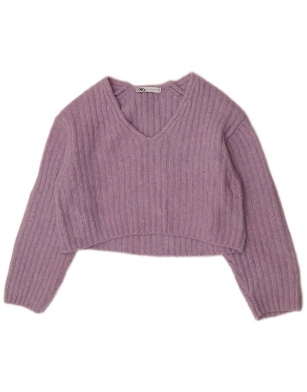 Zara Womens Crop V-hals sweater UK 14 Medium Purple Polyester