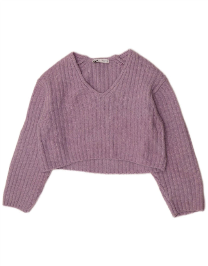 Zara Womens Crop V-hals sweater UK 14 Medium Purple Polyester