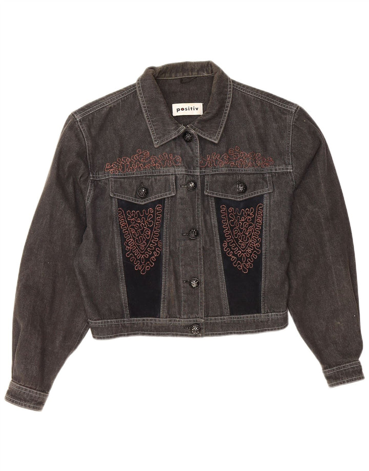 Vintage Dame Crop Denim Jacket UK 12 Medium Grey Colourblock