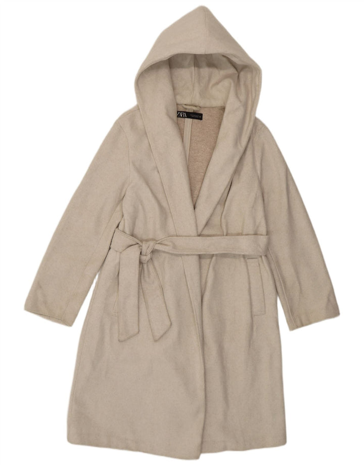 Zara Dame Hætteoverfrakke UK 14 Medium Off White Polyester