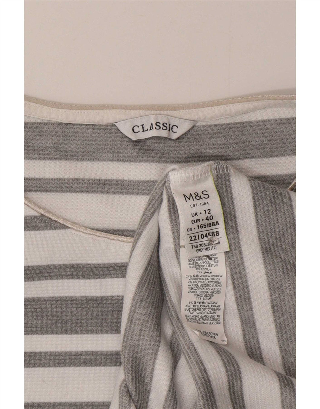 Marks & Spencer dametop 3/4 ærmer UK 12 mellemgrå stribet polyester