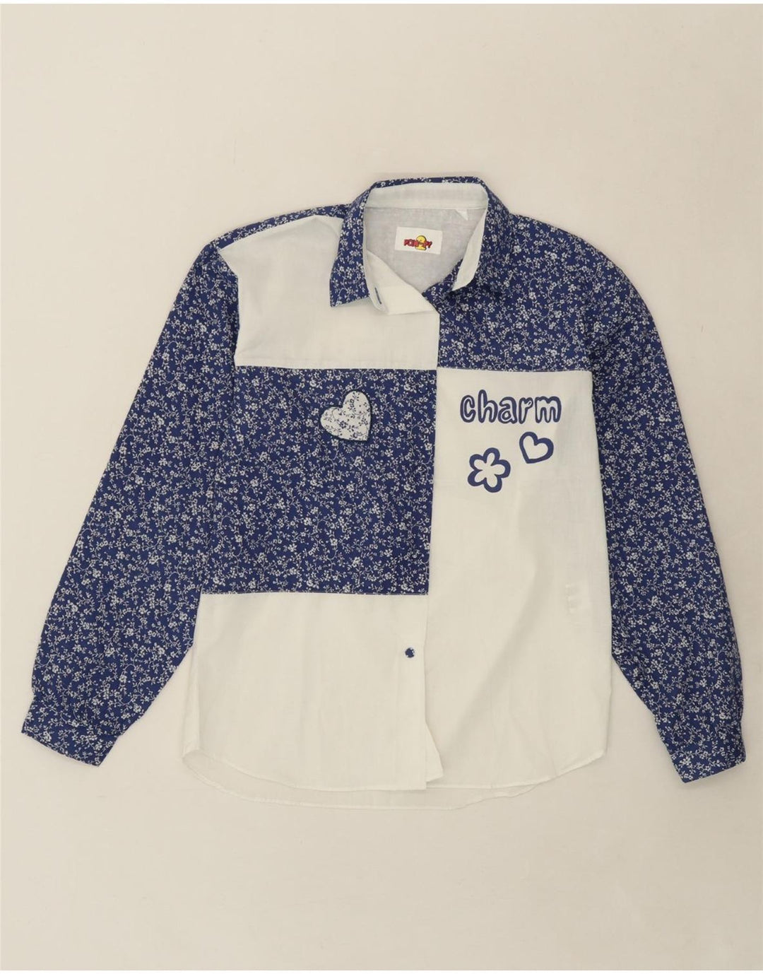 VINTAGE Girls Shirt 13-14 Years Navy Blue Floral Polyester Vintage Vintage and Second-Hand Vintage from Messina Hembry 
