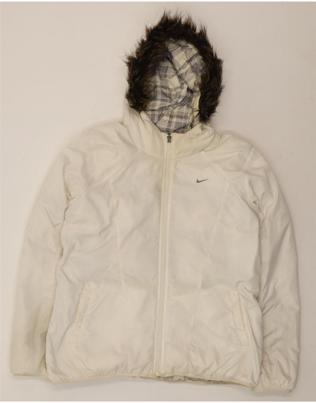 Nike Herre Hætte Vendbar Polstret Jakke UK 44 2XL Hvid Ternet polyester
